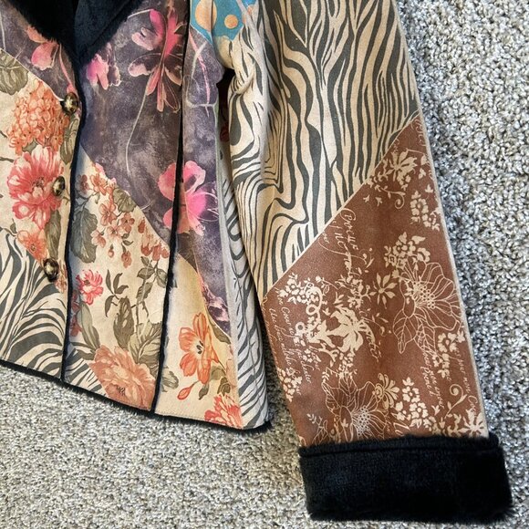 Weavz Women's Size L Patchwork Jacket Fleece Lining Colorful Floral & Zebra Prin - Picture 5 of 13